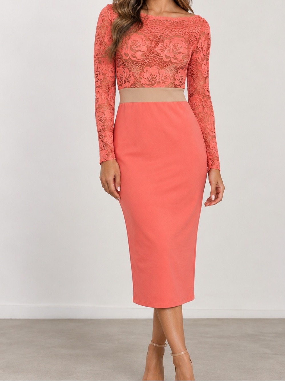 Coral Lace Pencil Skirt - Elegant Midi Women’s Skirt